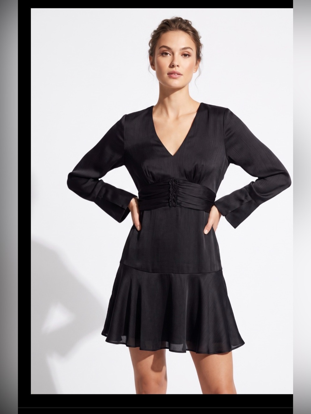 Parker Black ruffle V-neck Dress Size 4 long sleeves mini silky flowy polyester